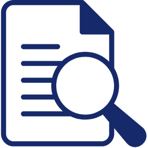 blue icon of a document with magnifying glass over it indicating research