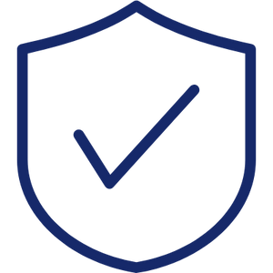 navy blue icon of a safe shield with checkmark in the center